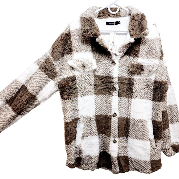Merokeety Womens Size XL Plaid Sherpa Fleece Jacket Brown White Button-Up - Picture 5 of 14